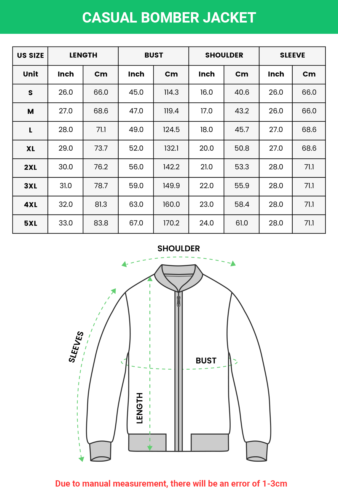 Bomber Jacket size chart